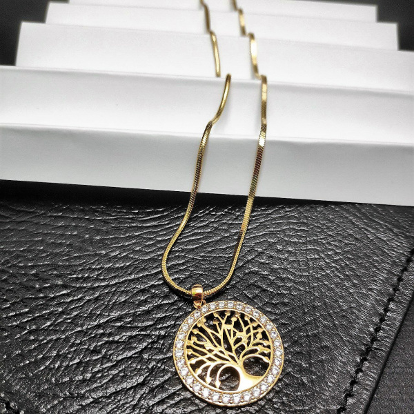 Подвеска "Дерево жизни" / Кулон 2,5 см. на цепочке Snake "Сингапур" под золото / Украшение женское на шею в обрамлении камней